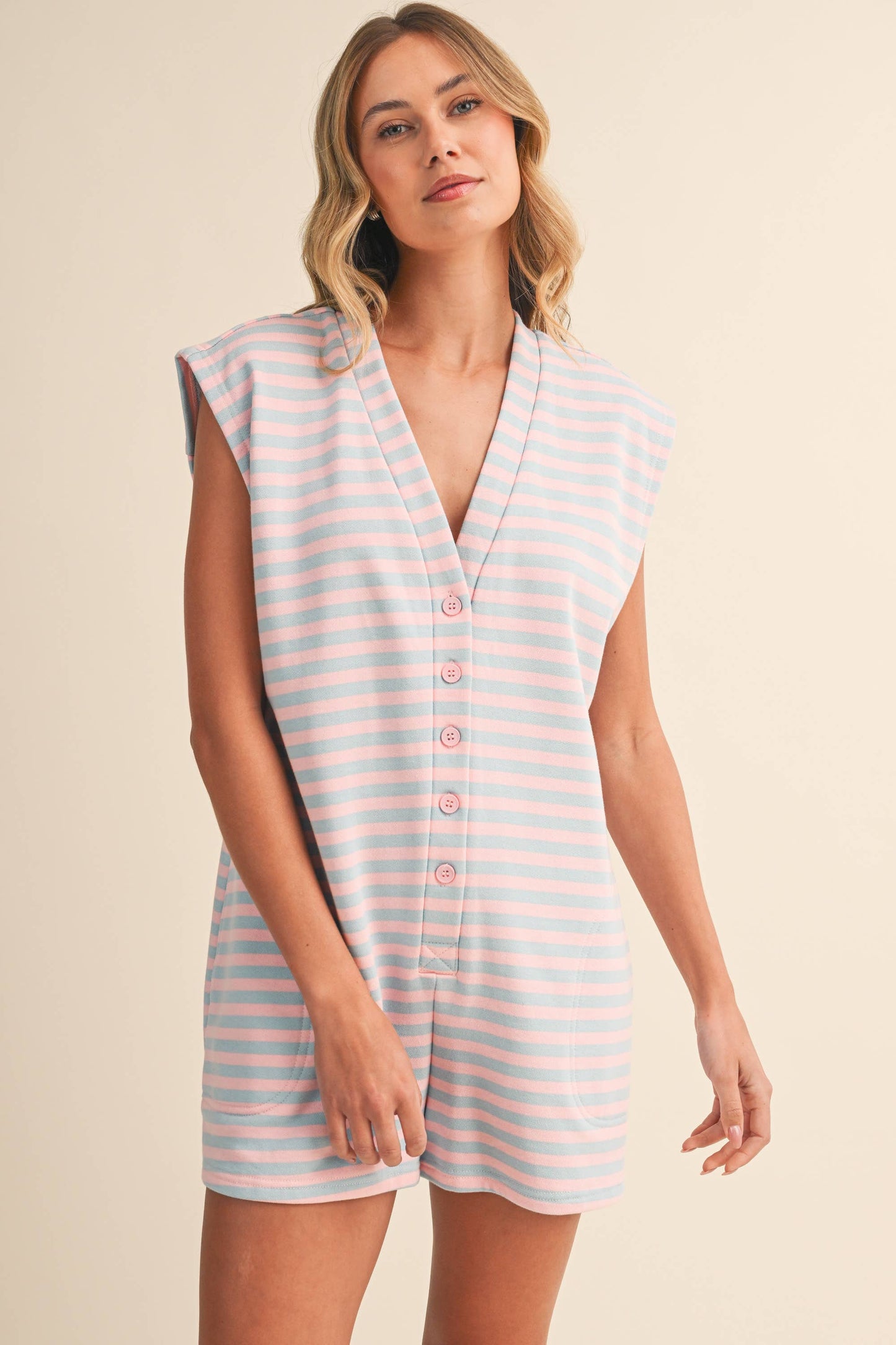 IR2384  SHORT SLEEVE STRIPED BUTTON DOWN ROMPER