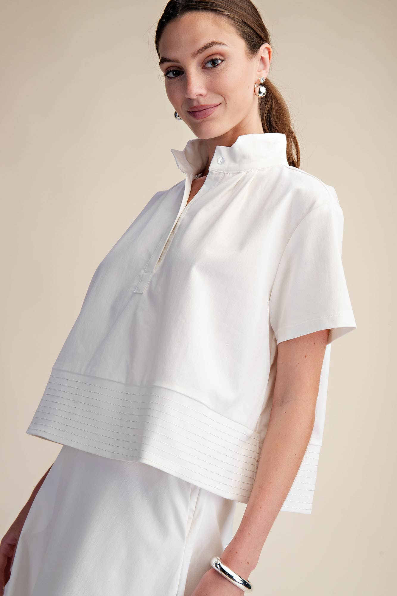 Stand Collar Short Sleeve Stitch Detail Shirt