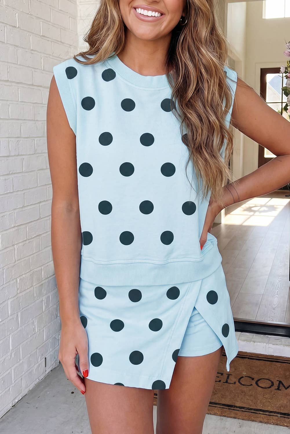 LAS Ribbed Trim Polka Dot Tank Split Mini Skort Set(S-4X)
