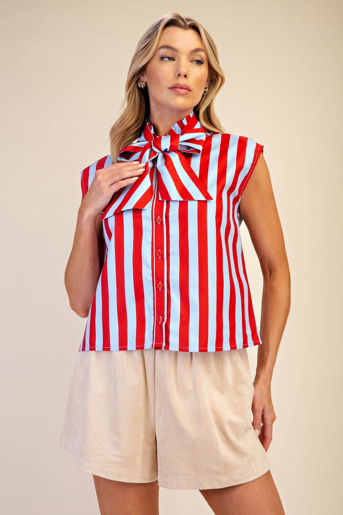 Bow Neck Sleeveless Stripe Shirt
