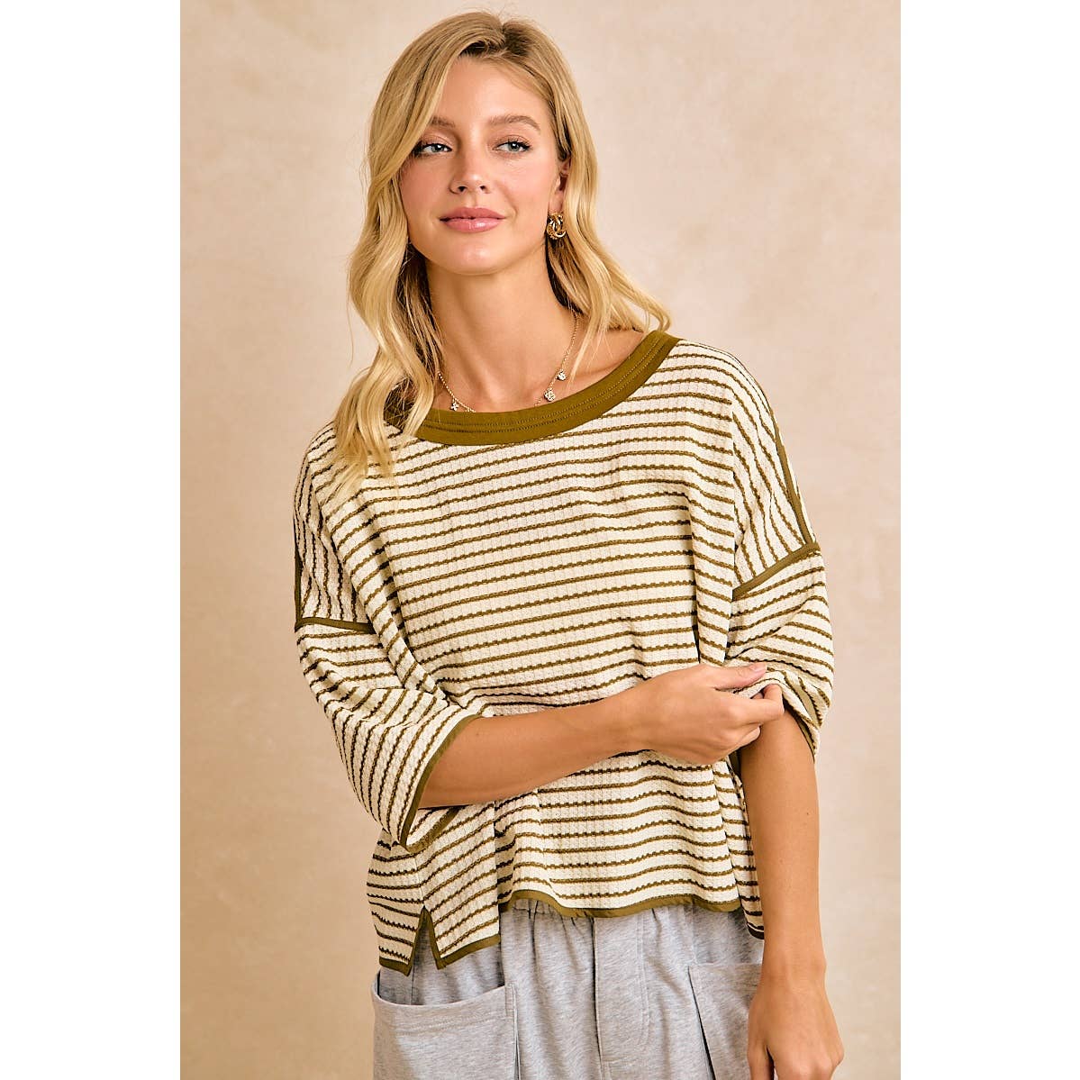 WAFFLE STRIPE WITH BINDING DETAIL RELAXED FIT TOP