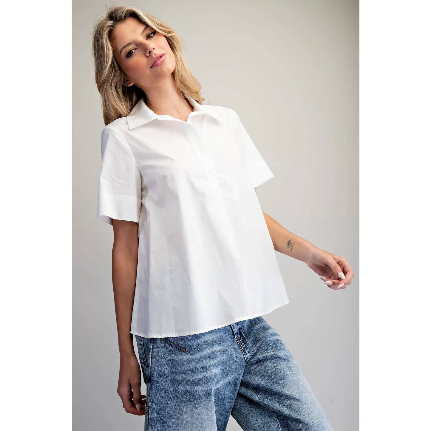 NEW Solid Collared Short Sleeve Blouse
