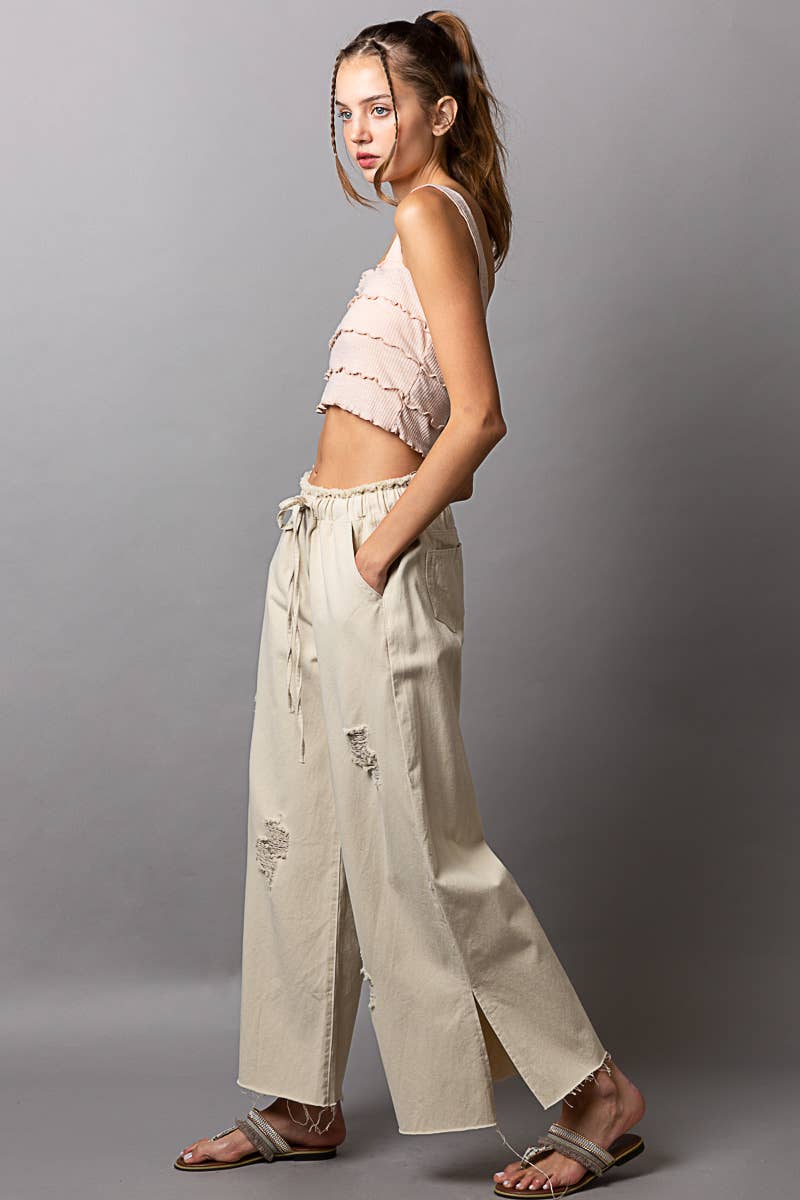 Wide Leg Drawstring Elastic Waist Distressed Denim Pants