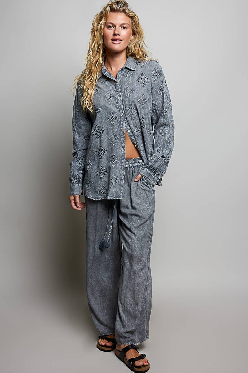 Vintage Washed Embroidered Trim Tassel Wide Leg Pants