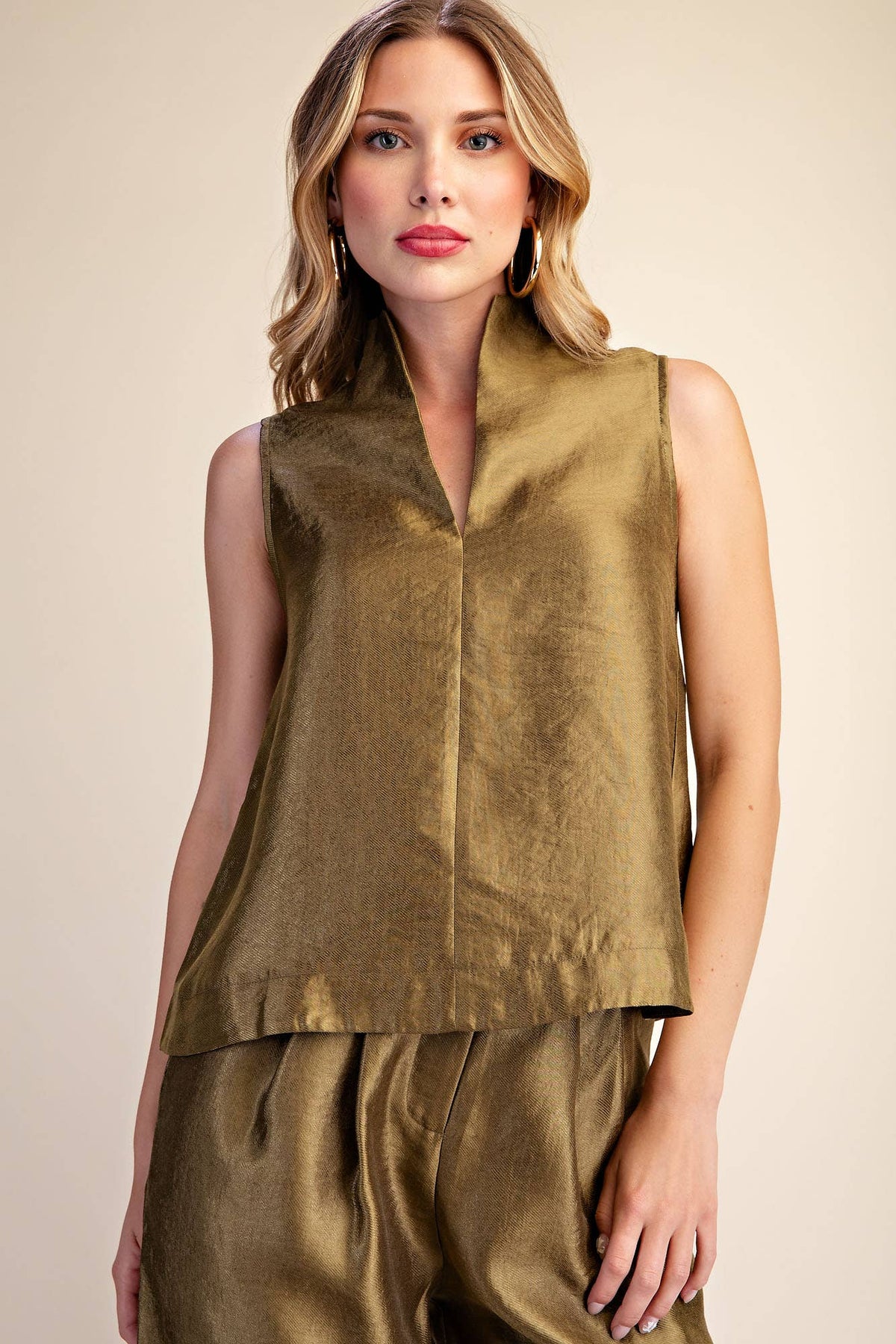 Stand Collar Slit V-Neck Sleeveless Top
