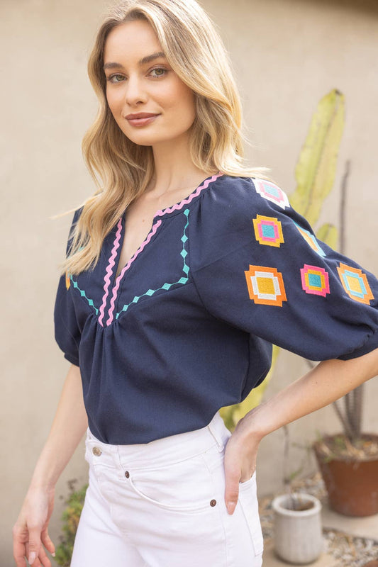 Geometric Embroidered Puff Sleeve with Zig Zag Trim To