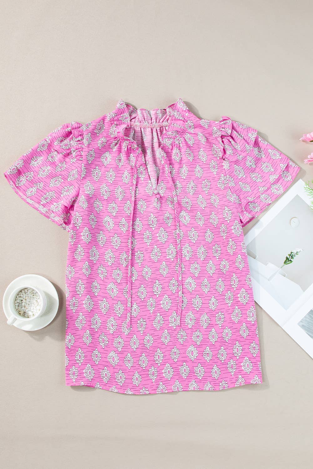 Pink Floral Print Ruffled Sleeve Split Neck Blouse | S-XL