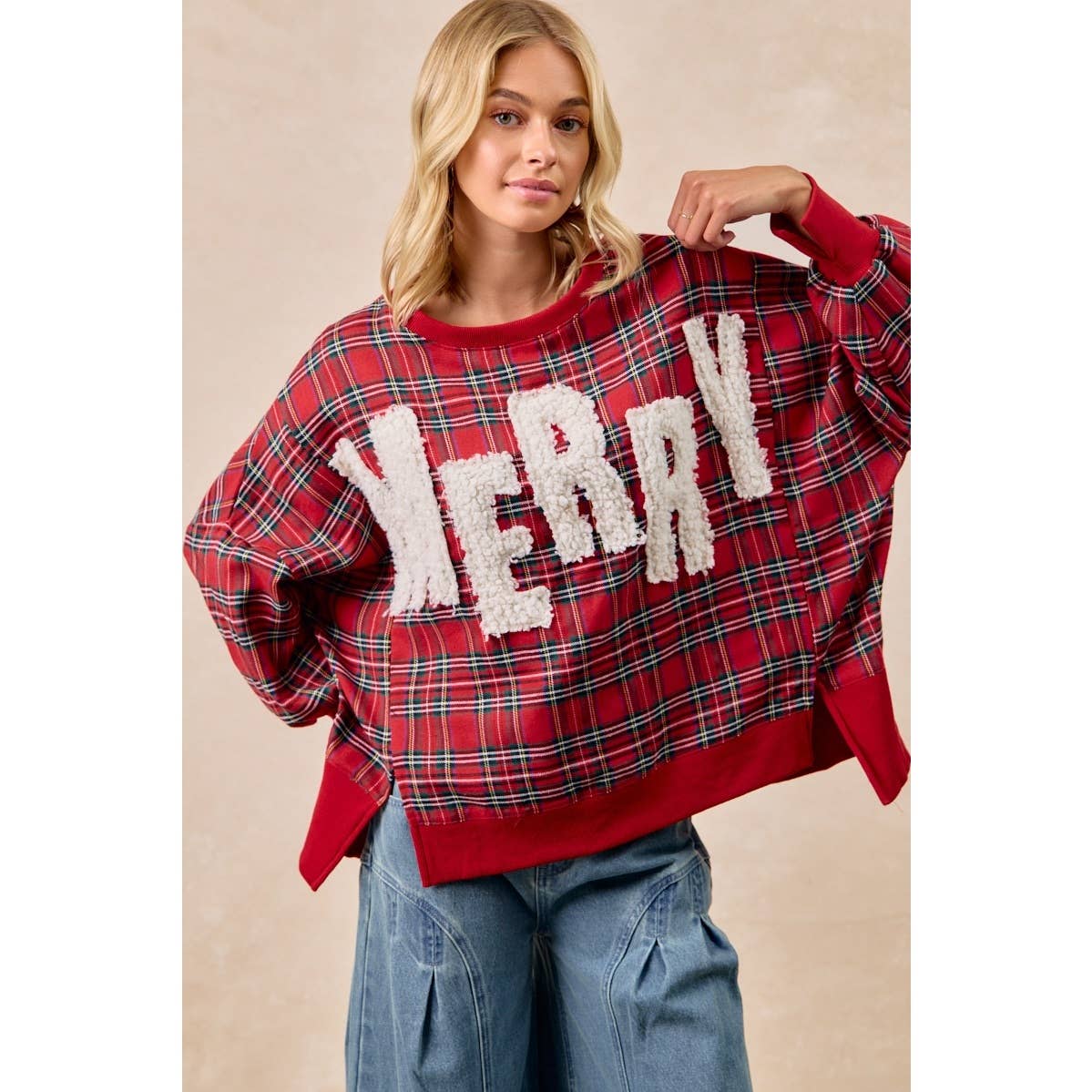 MERRY LETTER PATCHES CHRISTMAS PLAID SWEATSHIRT