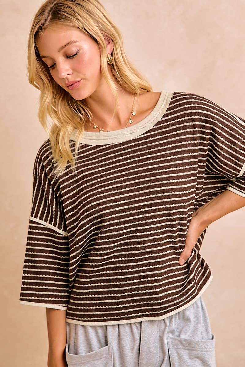 WAFFLE STRIPE WITH BINDING DETAIL RELAXED FIT TOP