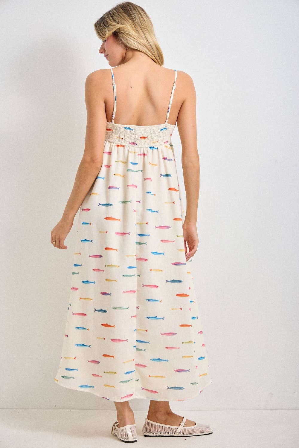FISH PRINT SLEEVELESS MIDI DRESS
