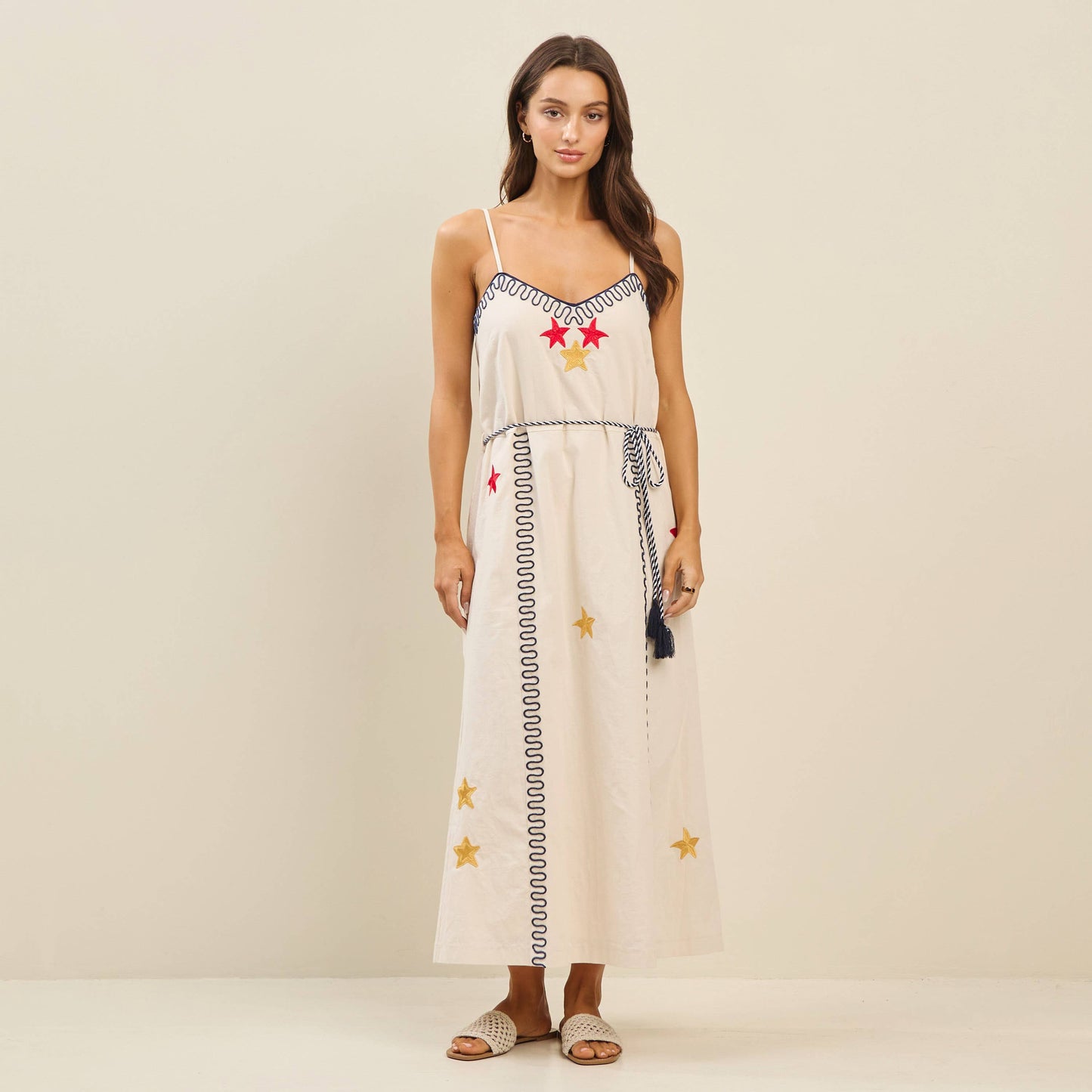 Embroidered tie waist dress