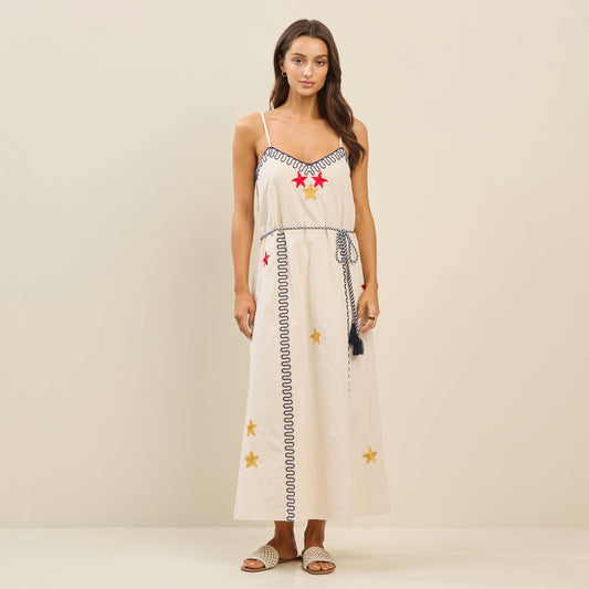 Embroidered tie waist dress