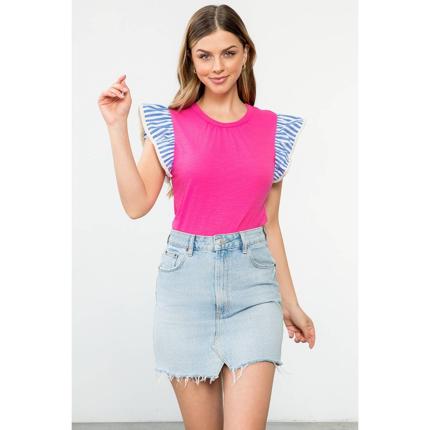 Colorblock Sleeve Knit Top with Ruffle Shoulder Trim