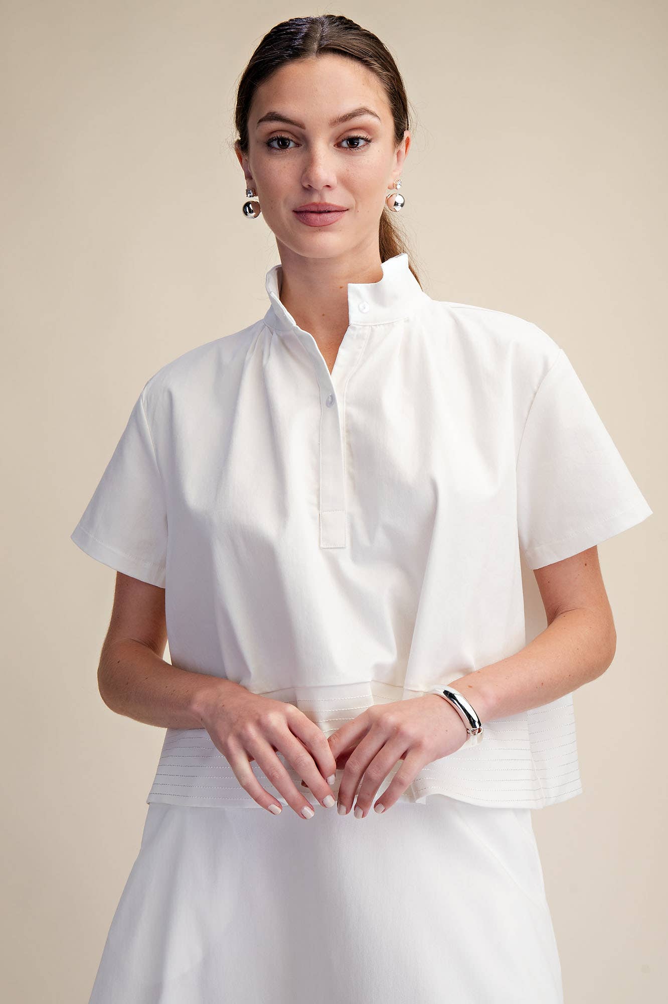 Stand Collar Short Sleeve Stitch Detail Shirt