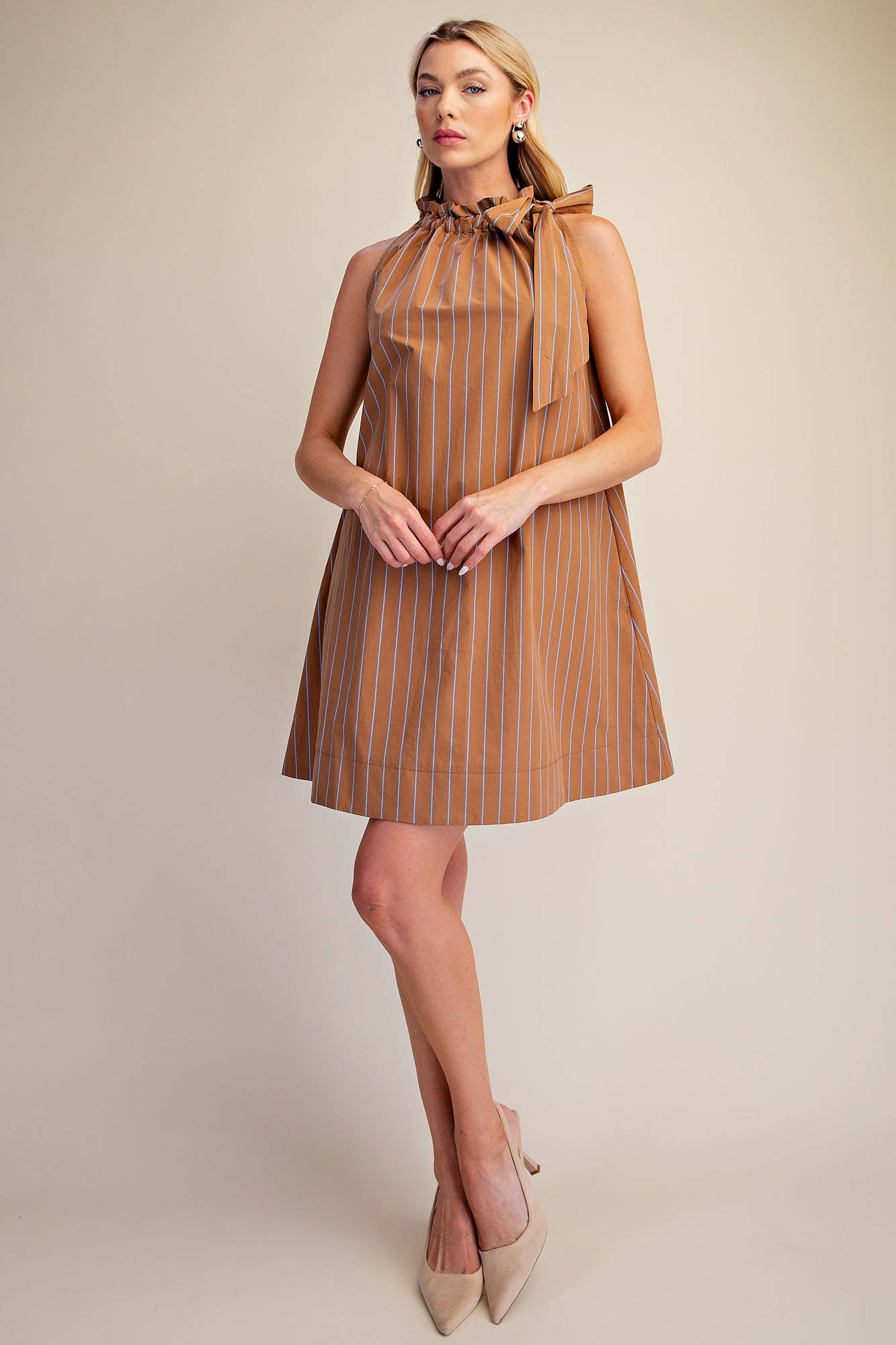 Stripe Mini Dress Ruffle Neck Adjustable Tie Sleeveless