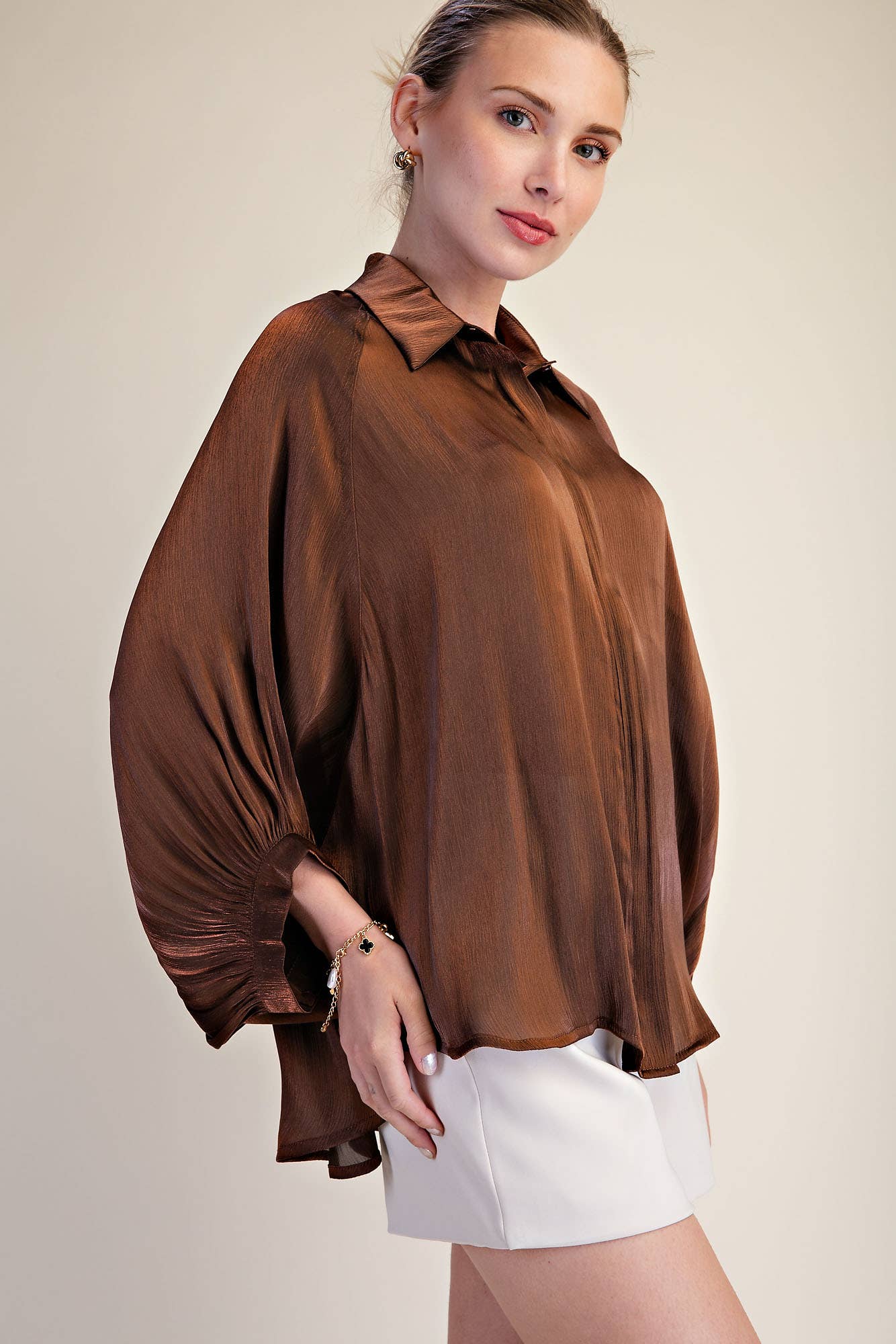 Metallic Oversized Button Down Long Sleeve Shirt Blouse