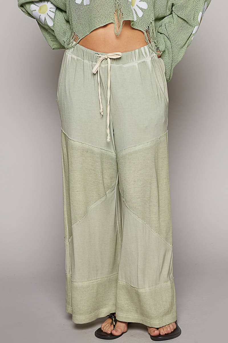Contrast ribbed elastic waist casual knit culottes pants