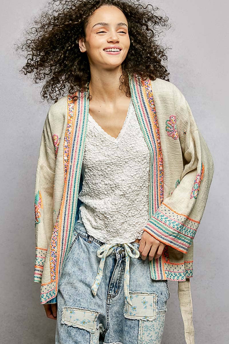 Long Sleeve Kimono Spangle Embroidered Open Cardigan