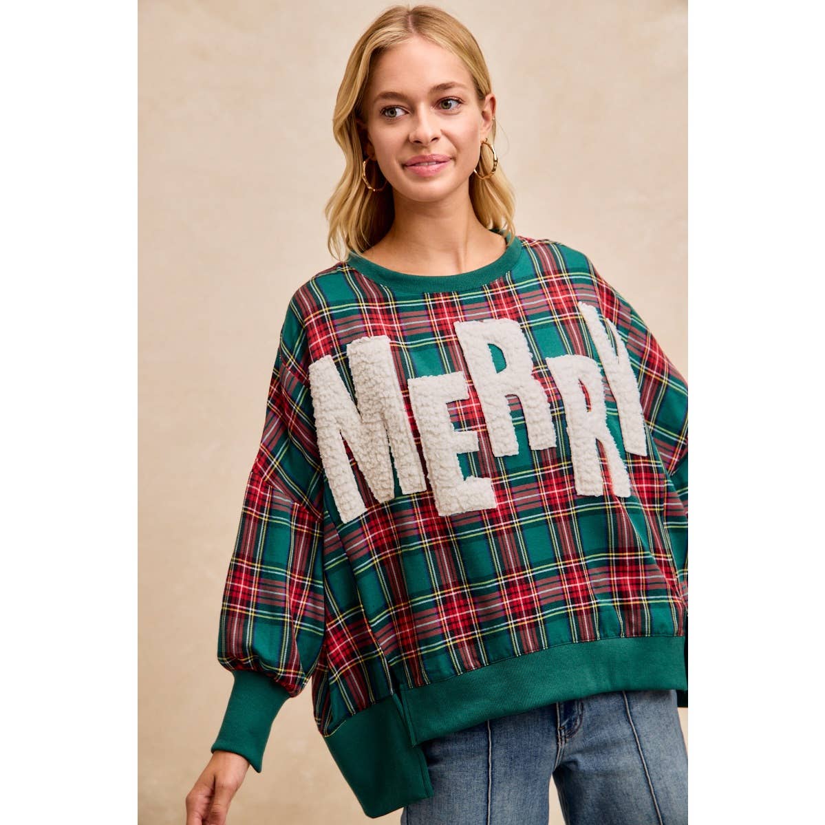 MERRY LETTER PATCHES CHRISTMAS PLAID SWEATSHIRT
