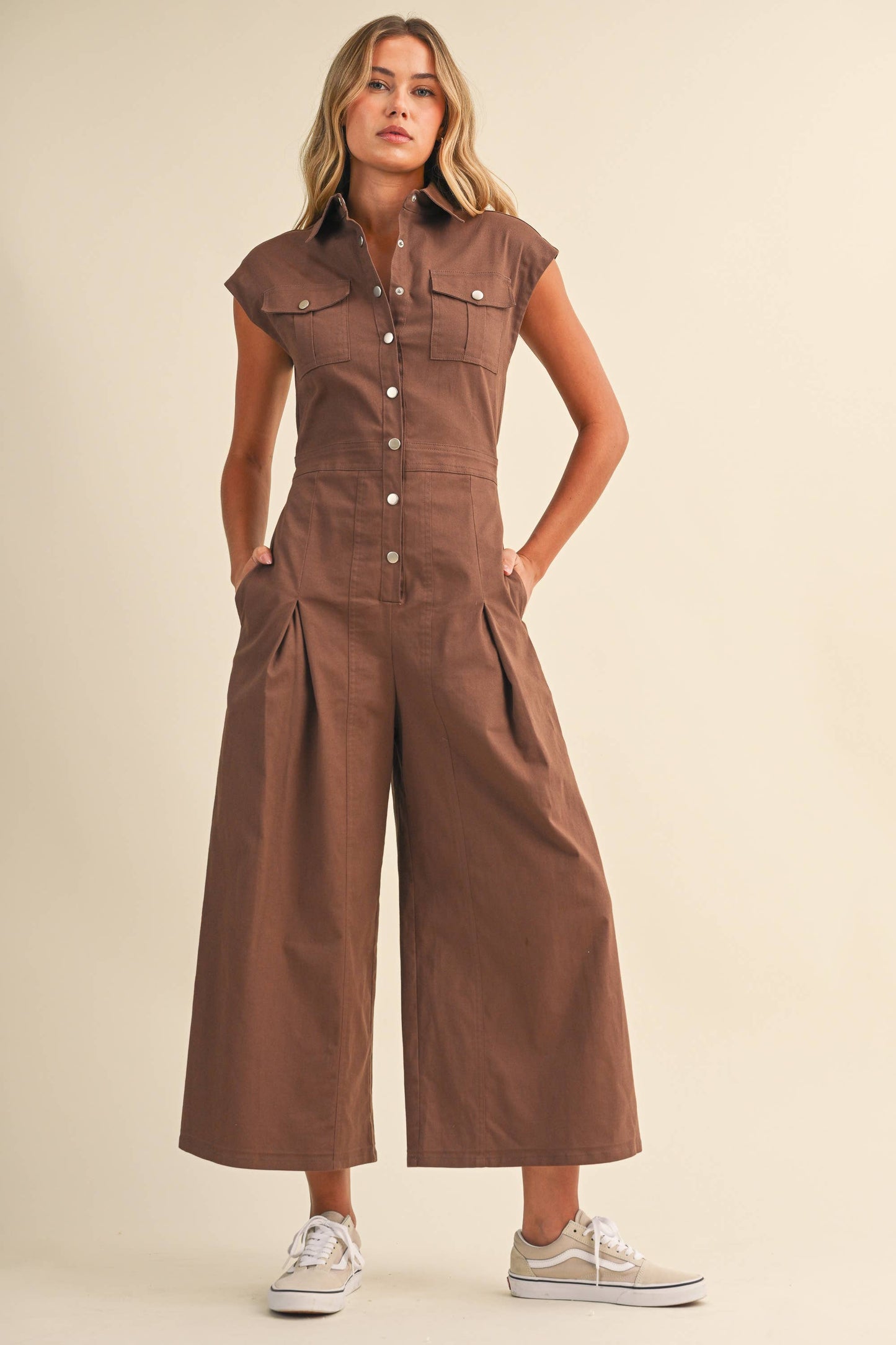 IJP3398 STRETCH COTTON TWILL WIDE LEG CROPPED JUMPSUIT