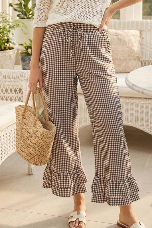 Gingham Casual Ruffled Hem 100%Cotton Cropped Pants VP83379A