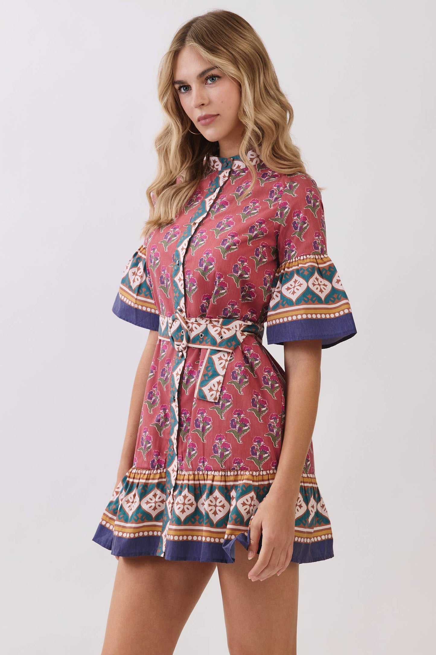 CD06716-Printed Belted Mini Dress with Contrast Border