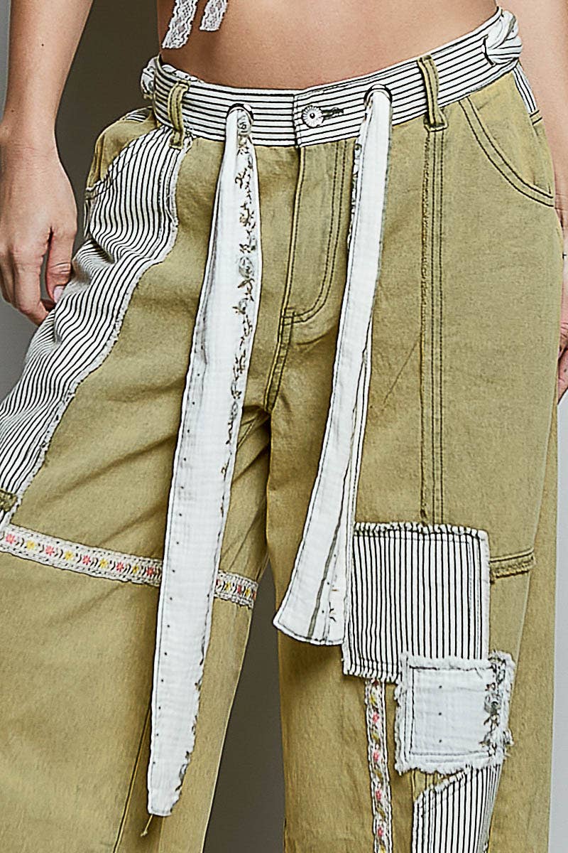 Stripe Patch High Rise Wide Leg Twill Pants