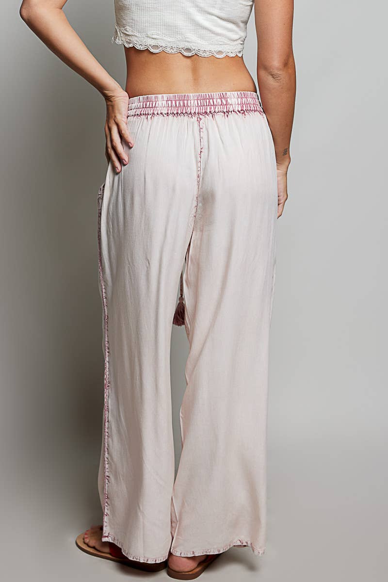 Vintage Washed Embroidered Trim Tassel Wide Leg Pants