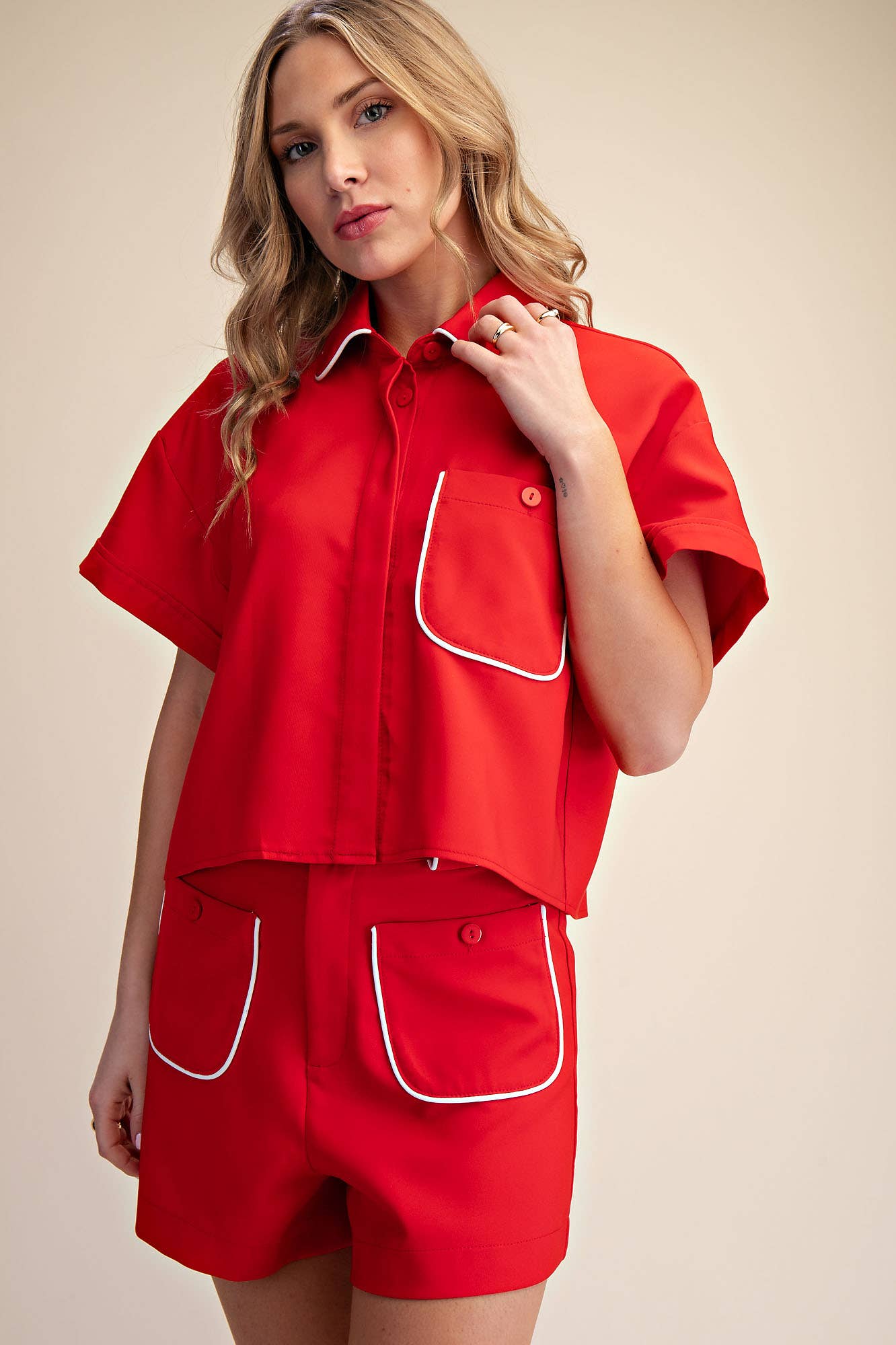 Collar Neck Short-Sleeve Front Pocket Crop Shirts