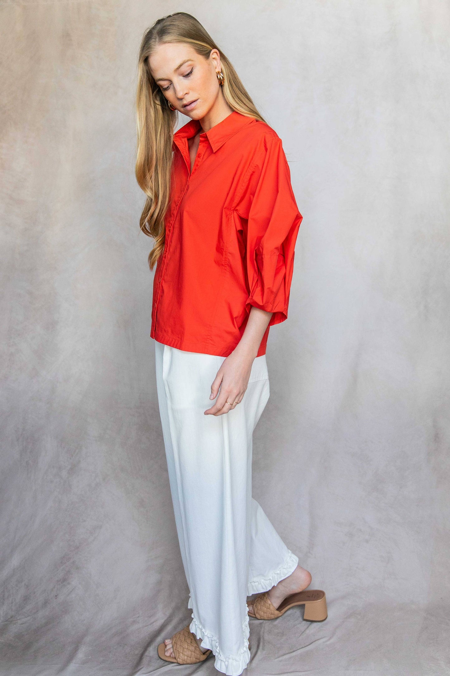 Poplin Bishop Sleeve Button Up Shirt