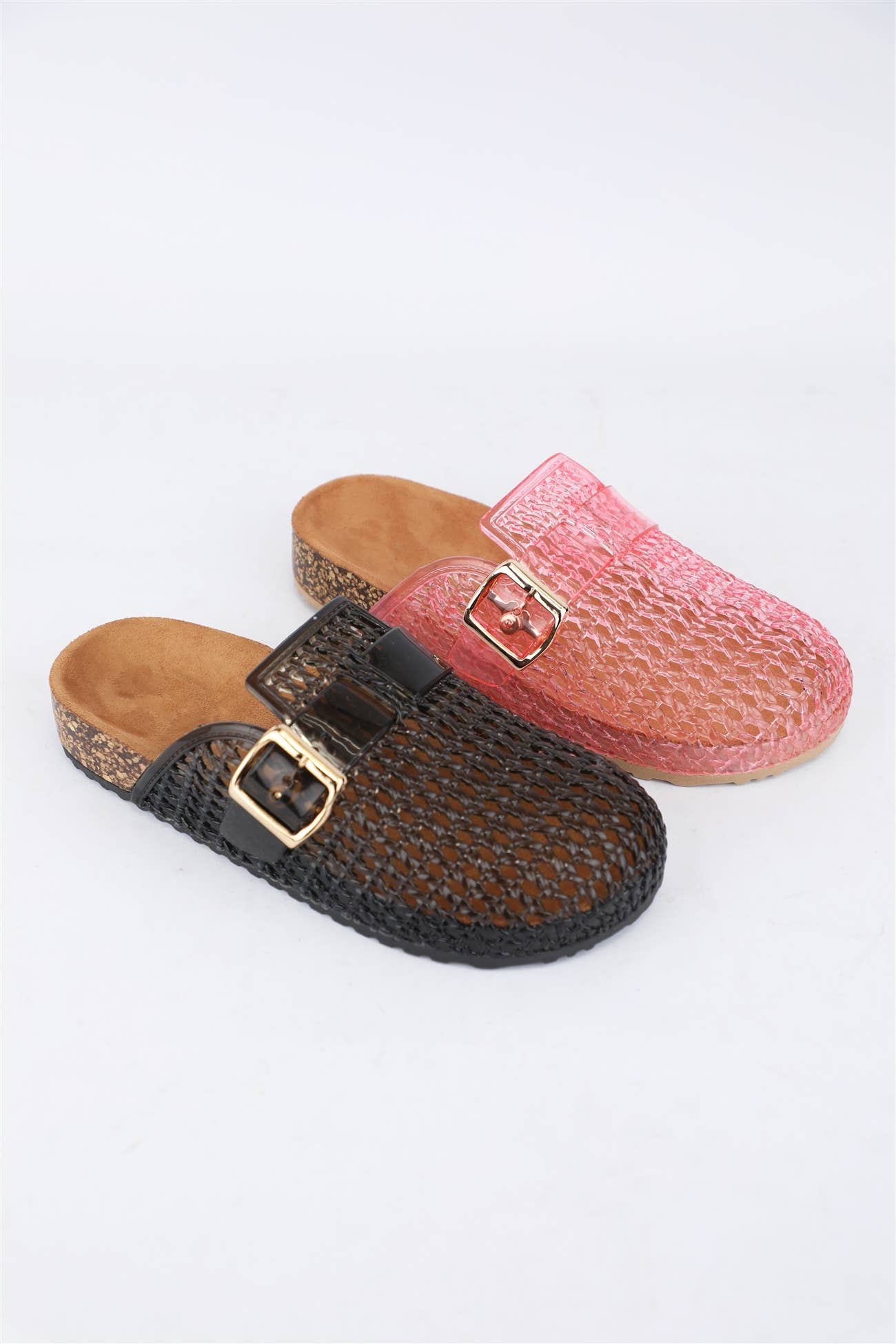 BETWEEN-5 JELLY WEAVE BUCKLE MULES