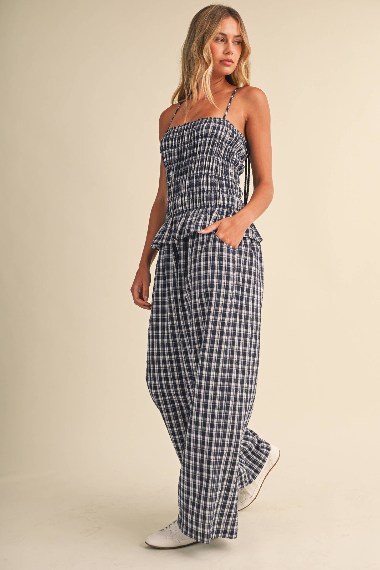 IJP3426-A  RUFFLED HEM SMOCKED TOP PLAID WIDE LEG JUMPSUIT