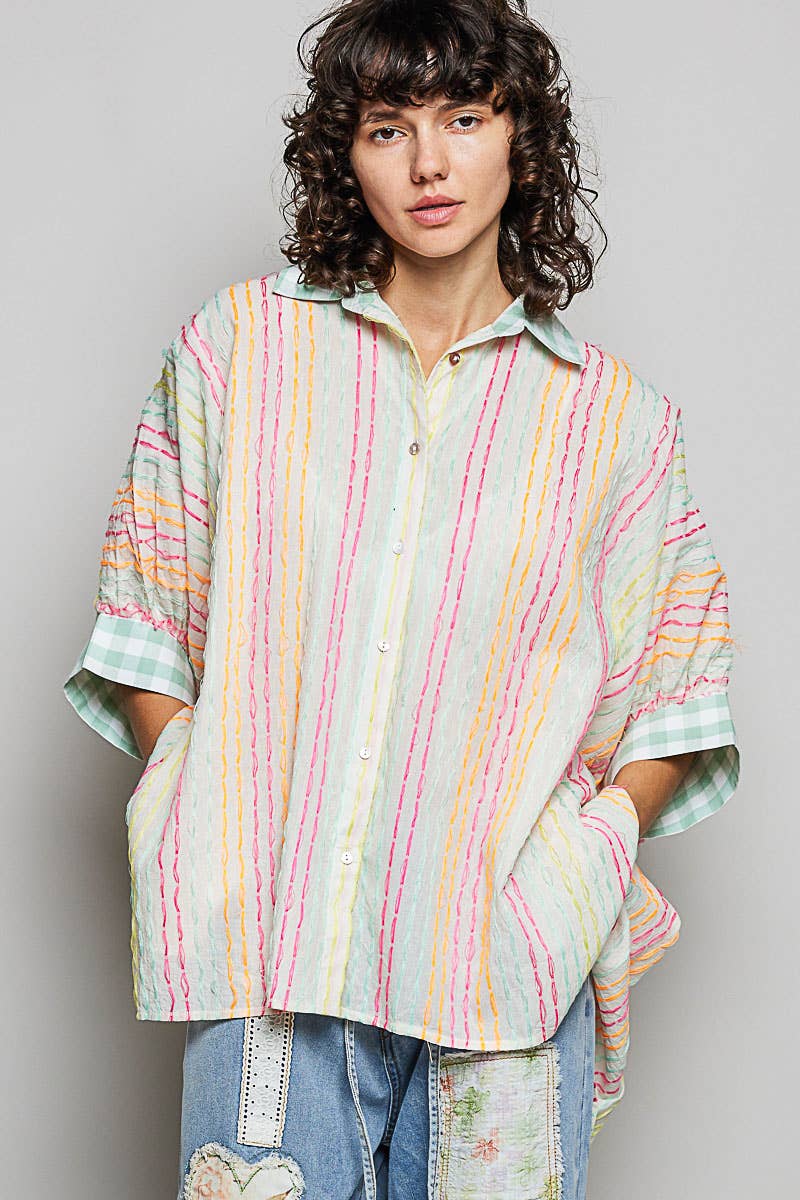 Stripe Boxy Fit Contrast Cuff Woven Shirt Top