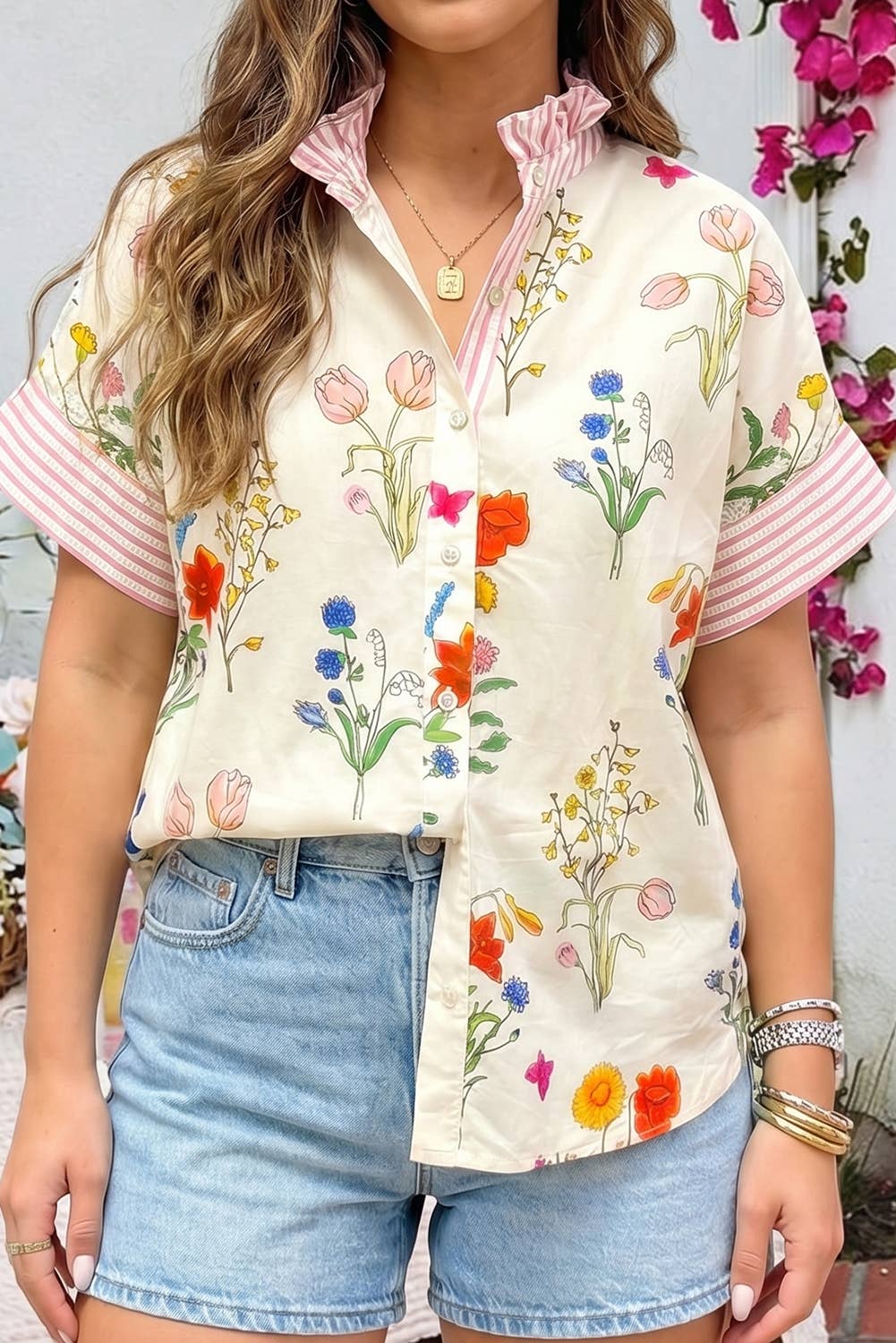 Floral Striped Patchwork Ruffled Collar Short Sleeve Shirt