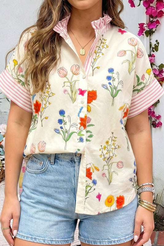 Floral Striped Patchwork Ruffled Collar Short Sleeve Shirt