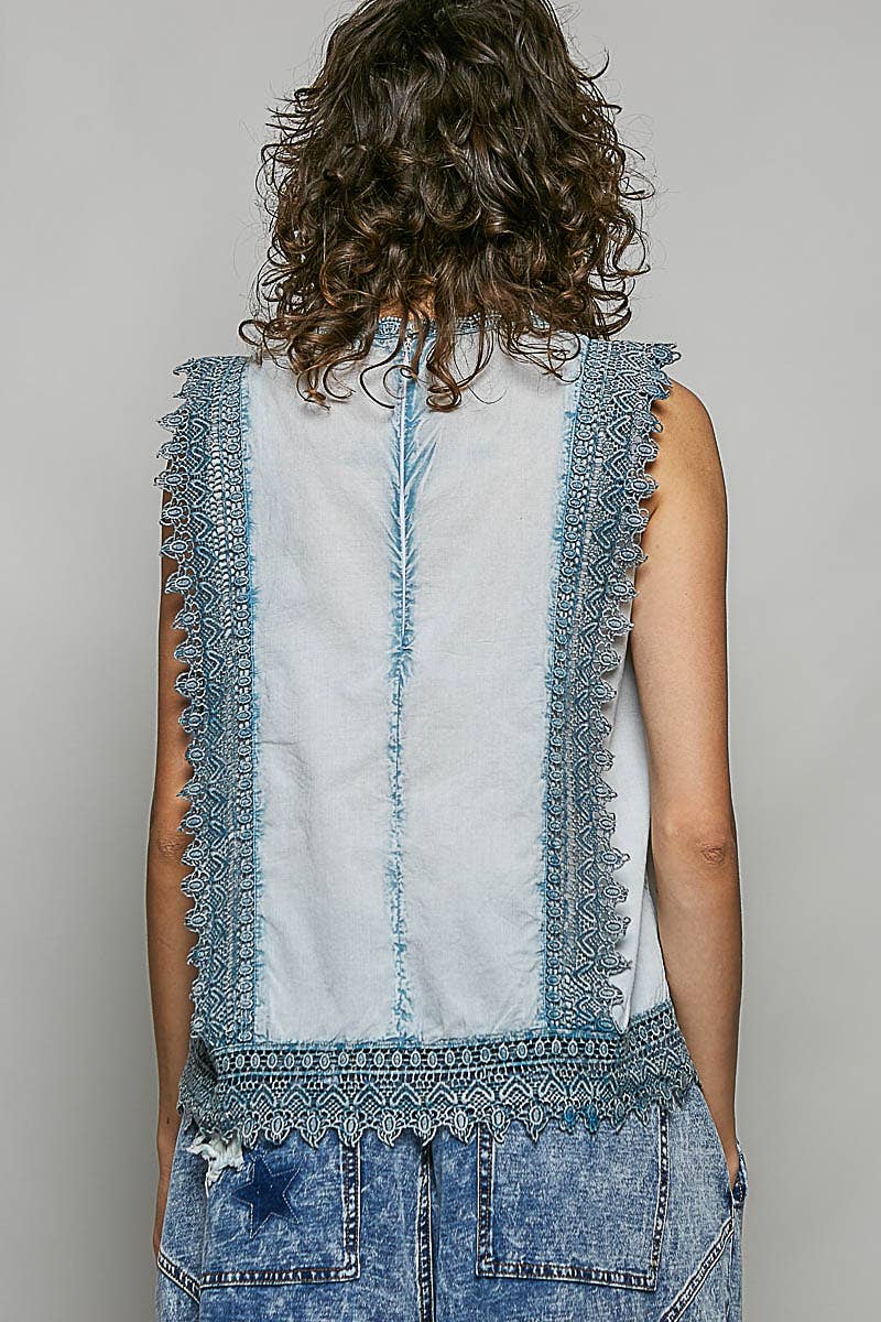 Floral Scalloped Lace Trim Embroidered Cotton Top