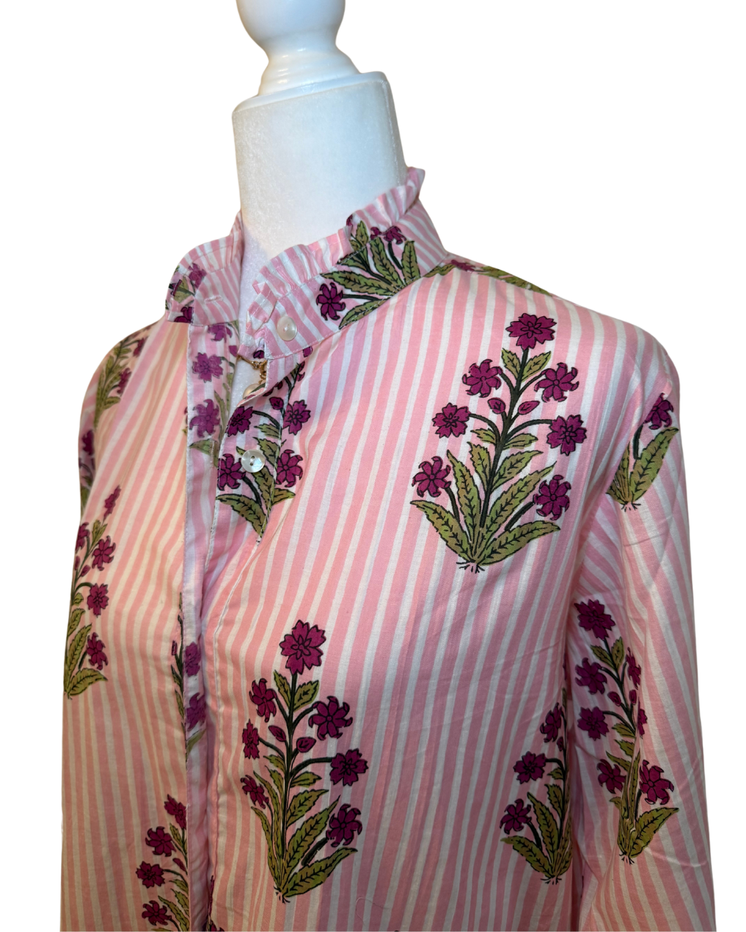 Women's Floral Striped Block Print Ruffled Blouse