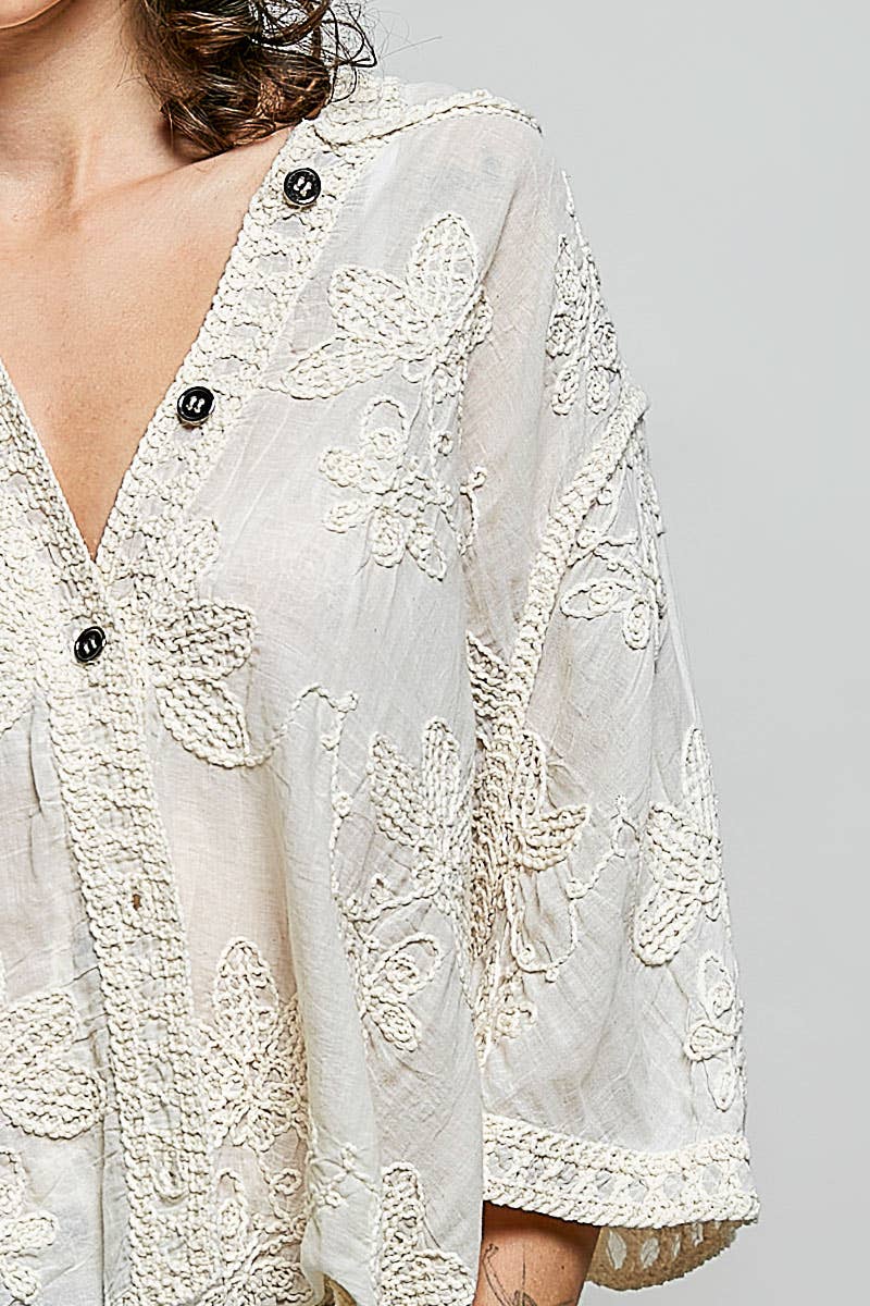 Short Sleeve Border Floral Embroidery Crochet Top