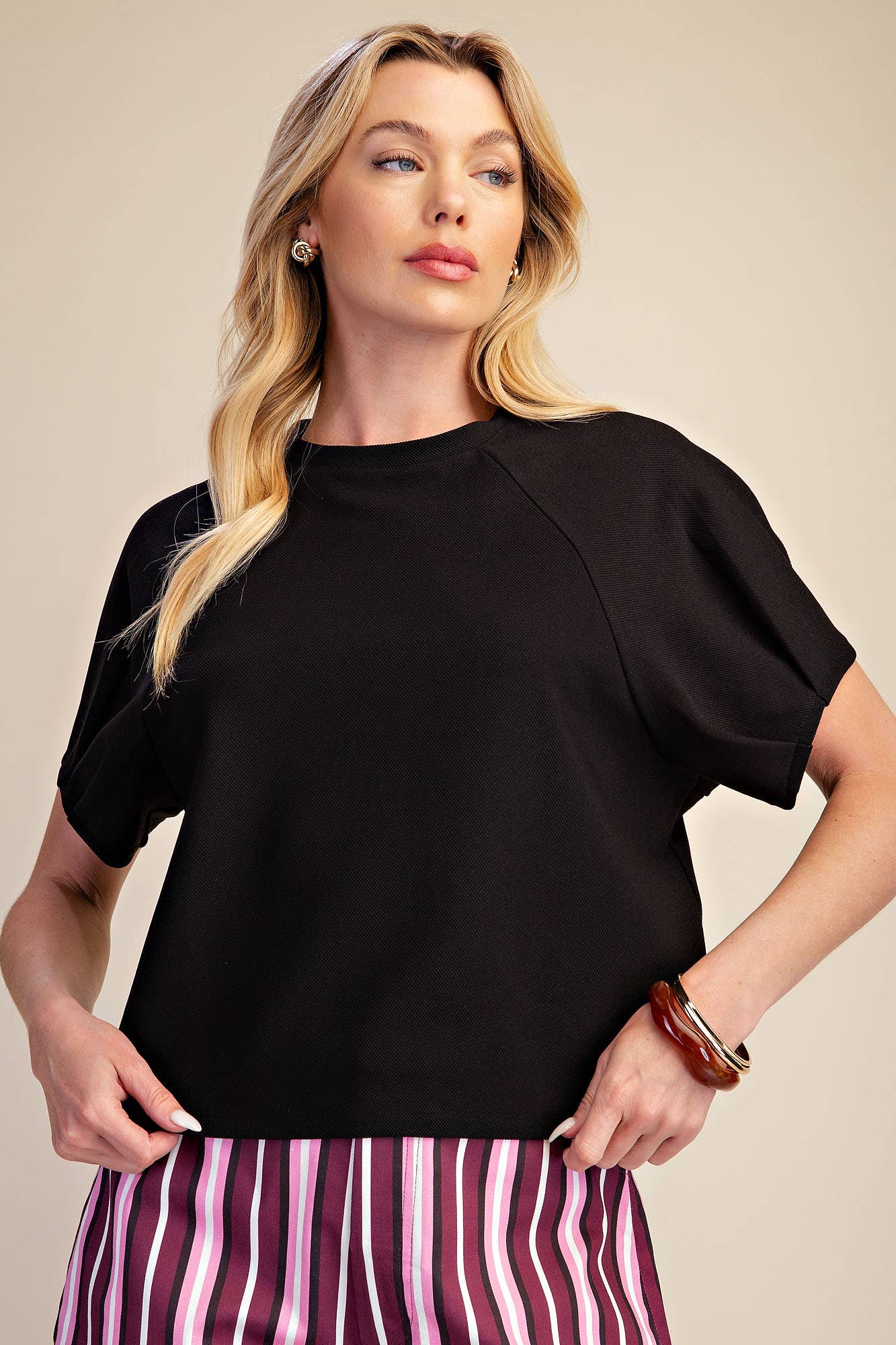 Round Neck Puff Short Sleeve Pullover Top