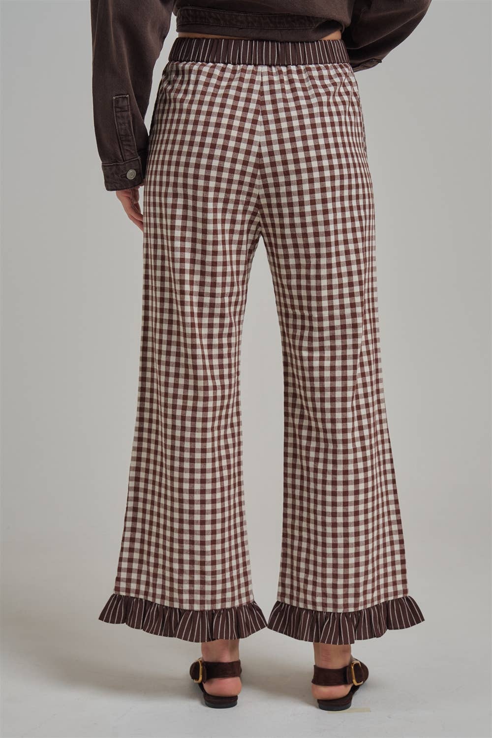 GINGHAM CHECK ELASTIC WAIST PANTS WITH LACE DRASTRING