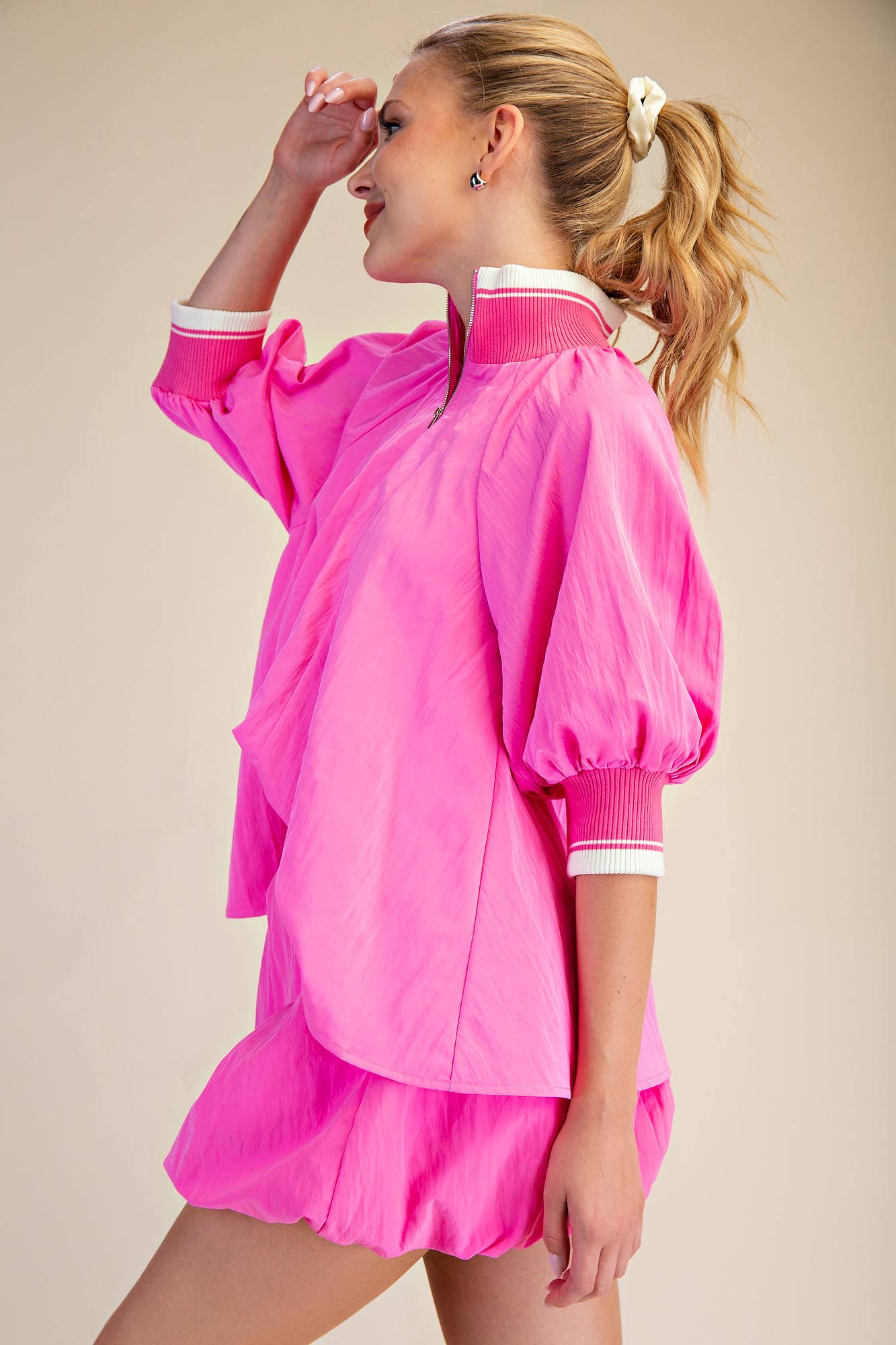 Mock Neck Band Puff Sleeve Blouse