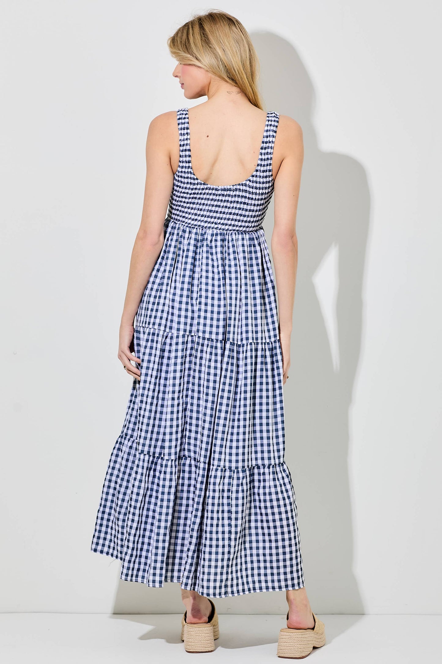 SMOCKED BODICE GINGHAM MAXI DRESS