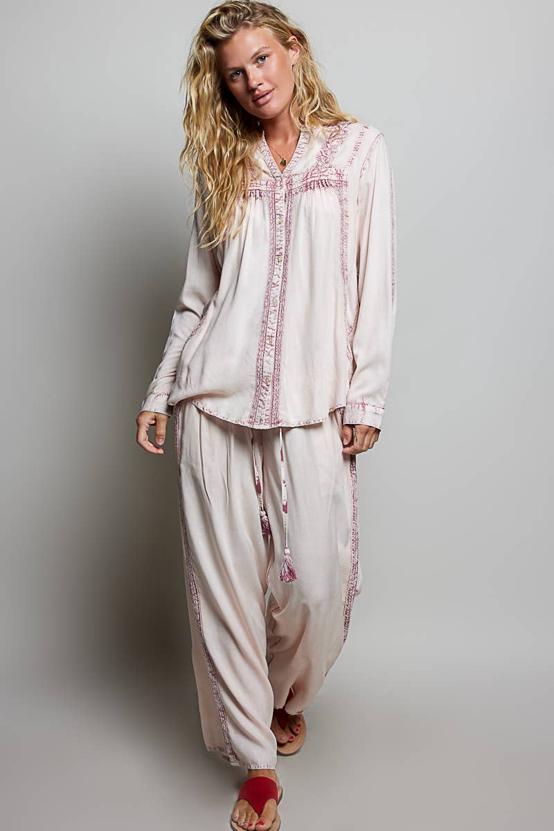 Vintage Washed Embroidered Trim Tassel Wide Leg Pants