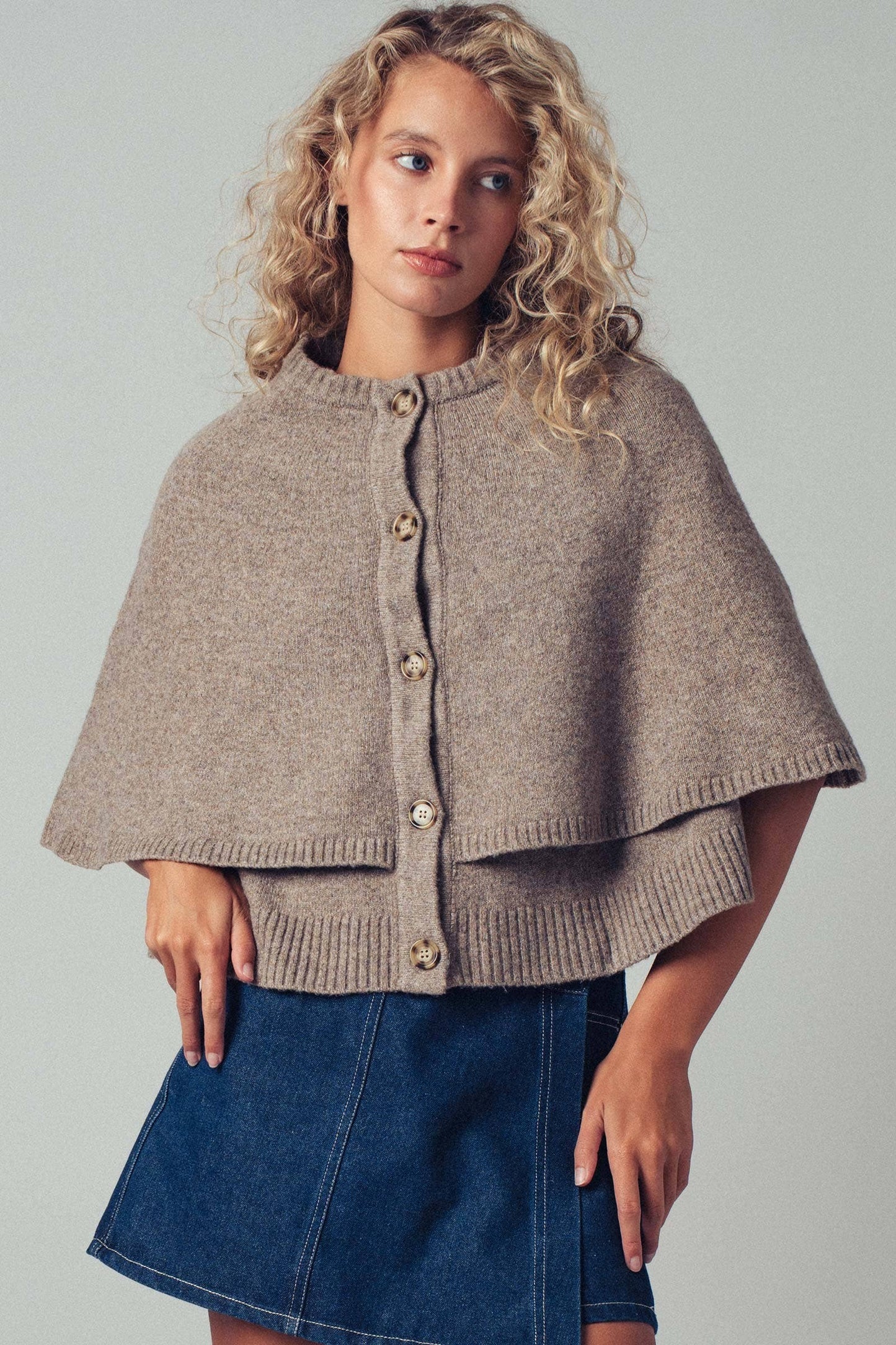 Chic Button-Front Wool Sweater Cape Layer