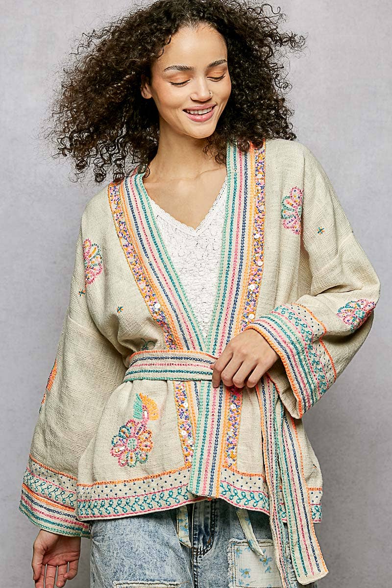 Long Sleeve Kimono Spangle Embroidered Open Cardigan