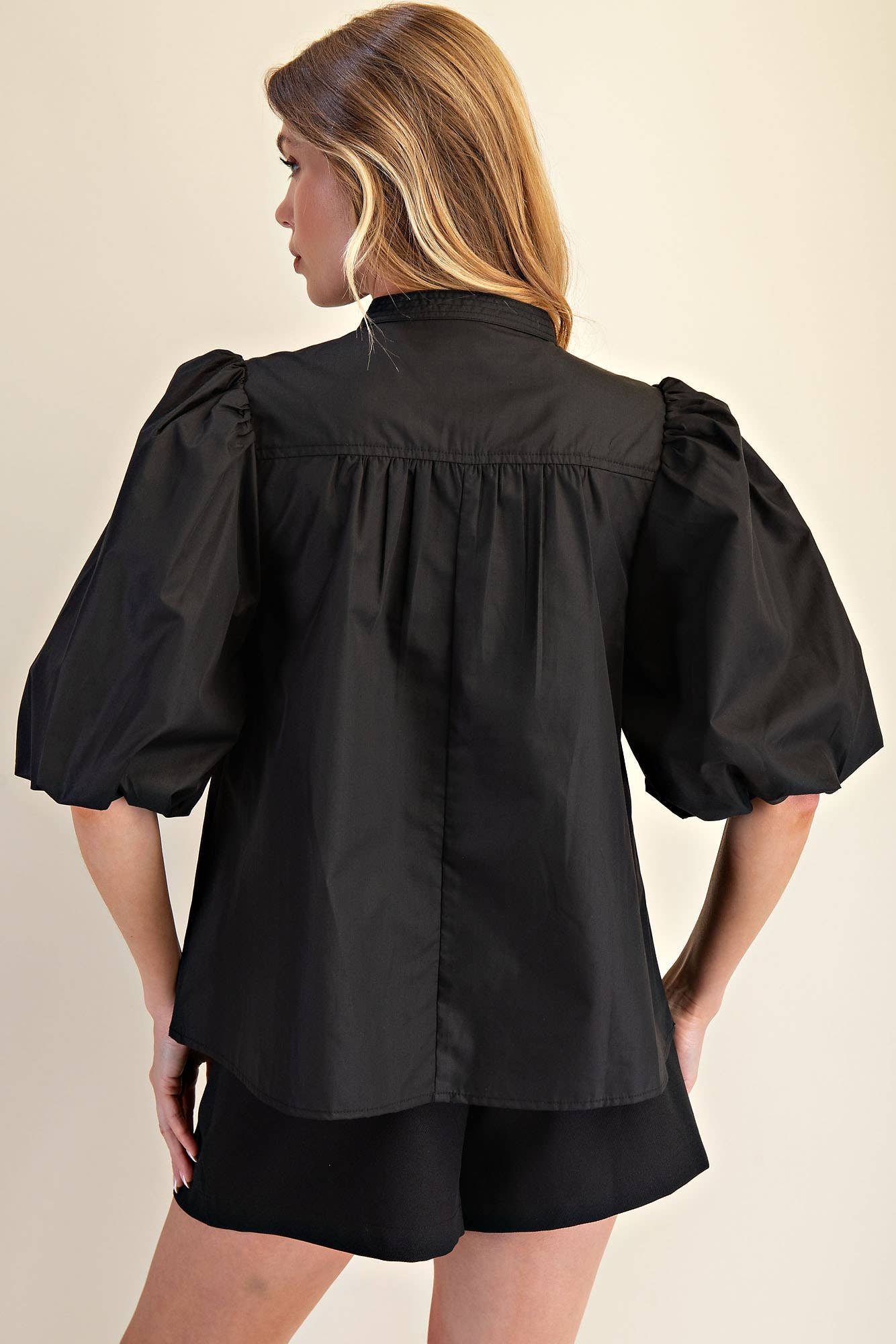 Mandarin Collar V-Neck Bubble Sleeve Poplin Top