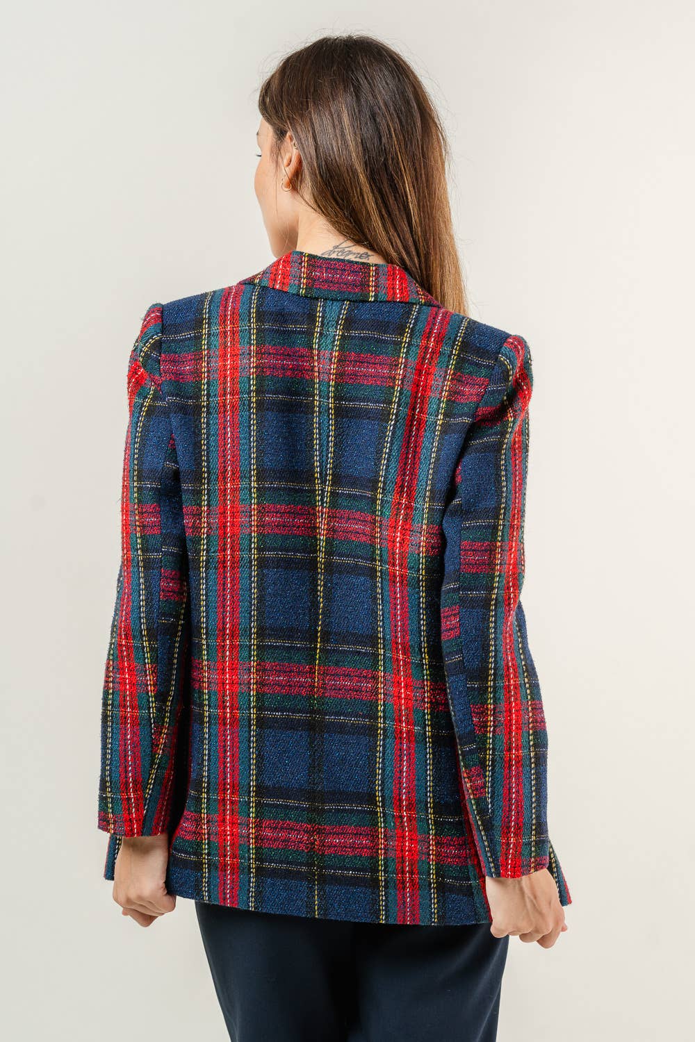 PREPPY HOLIDAY TWEED PADDED SHOULDER PLAID BLAZER-OI5782FO