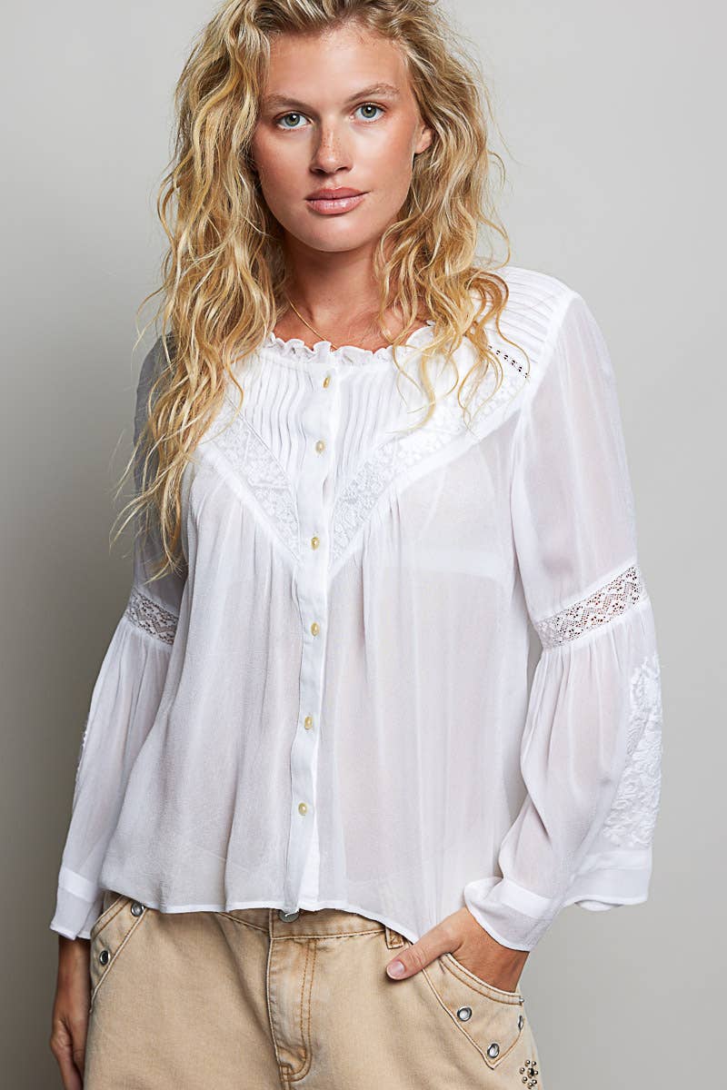 Vintage Washed Ruffle Neck Embroidered Cotton Blouse