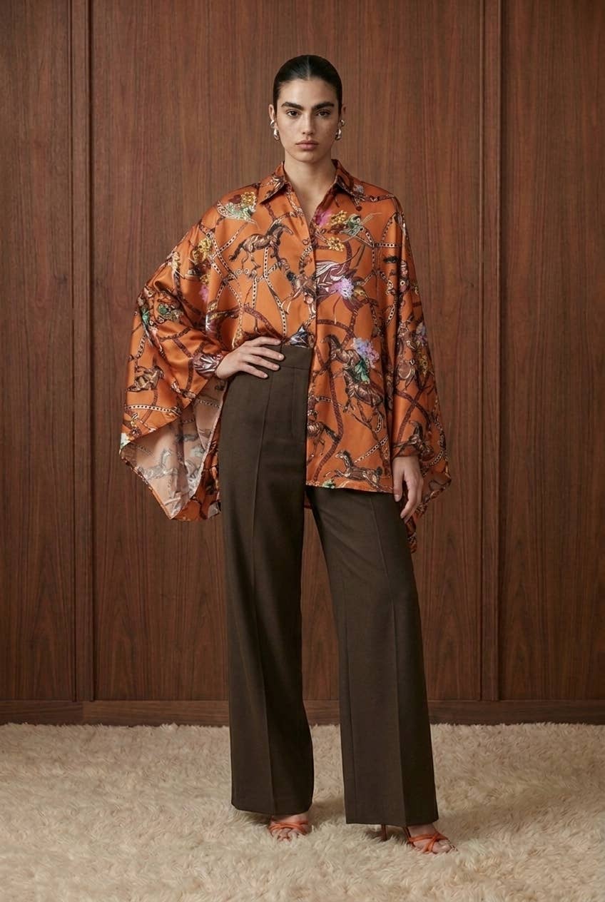 Draped Equestrian Motif Satin Blouse