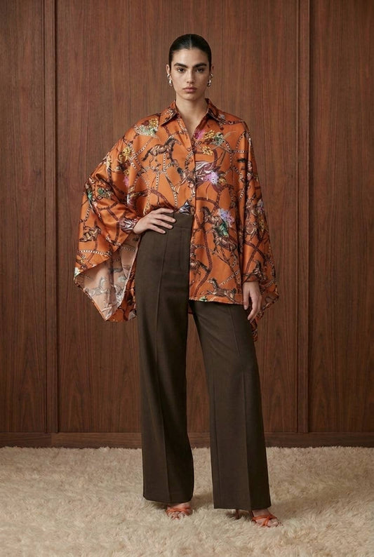 Draped Equestrian Motif Satin Blouse